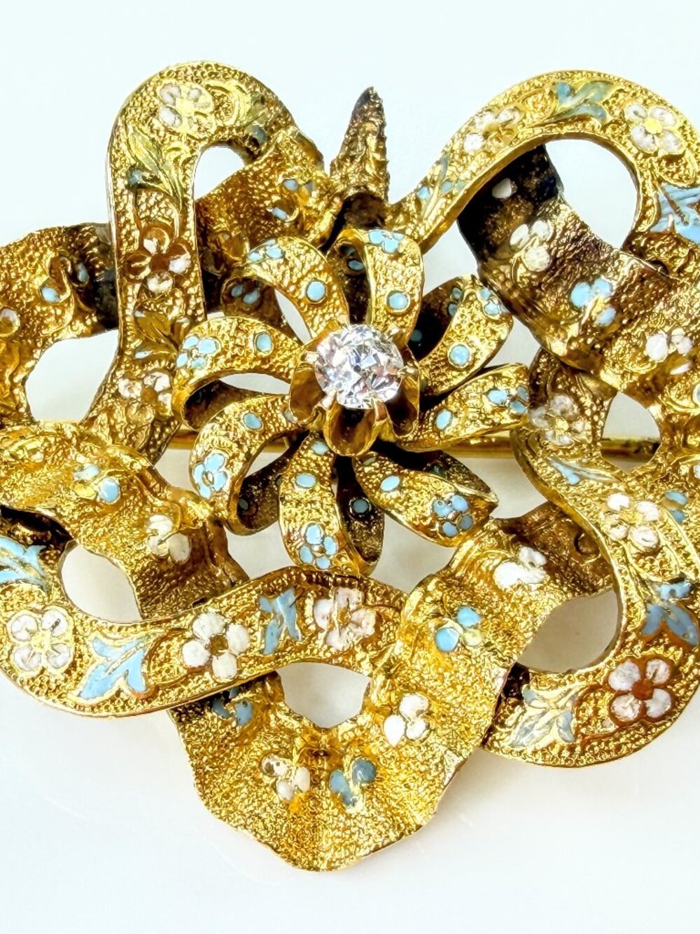 Antique Edwardian 15K Gold Blue White Enamel Old Euro Diamond Brooch 5.4g JR2188